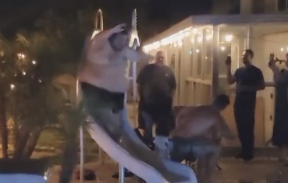 Embarrassing: Big Dude Thought Going Down The Slide Was A Good Idea!